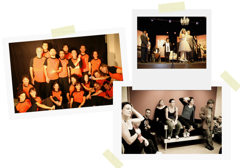 Foto storiche del gruppo Atti Matti: la compagnia in posa, uno spettacolo di improvvisazione teatrale sul palco, un momento di formazione tra gli attori